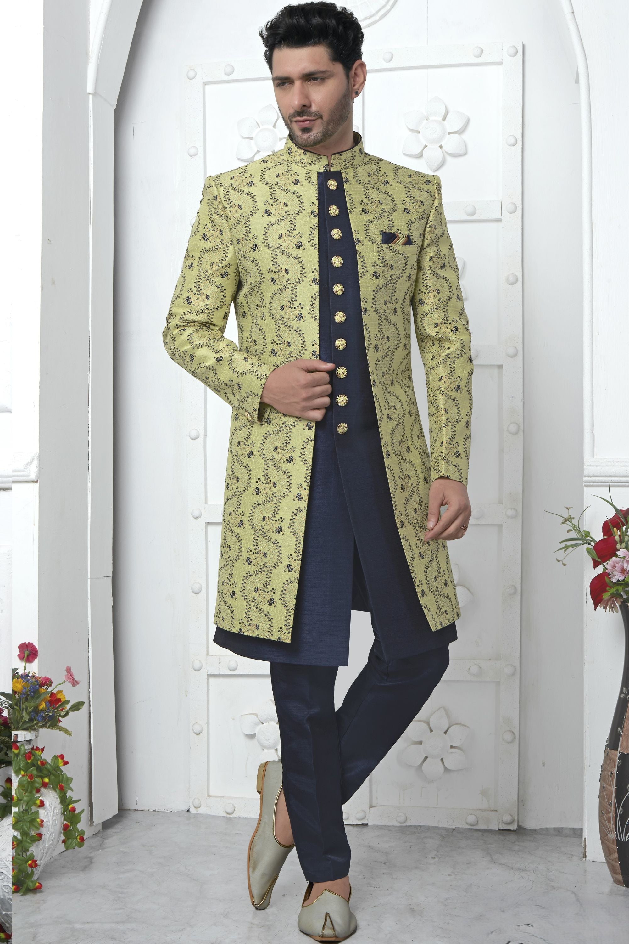 Green Jacquard Silk Indowestern Suit Long Kurta with Jacket & Pant for Men for Wedding - Jacquard Work