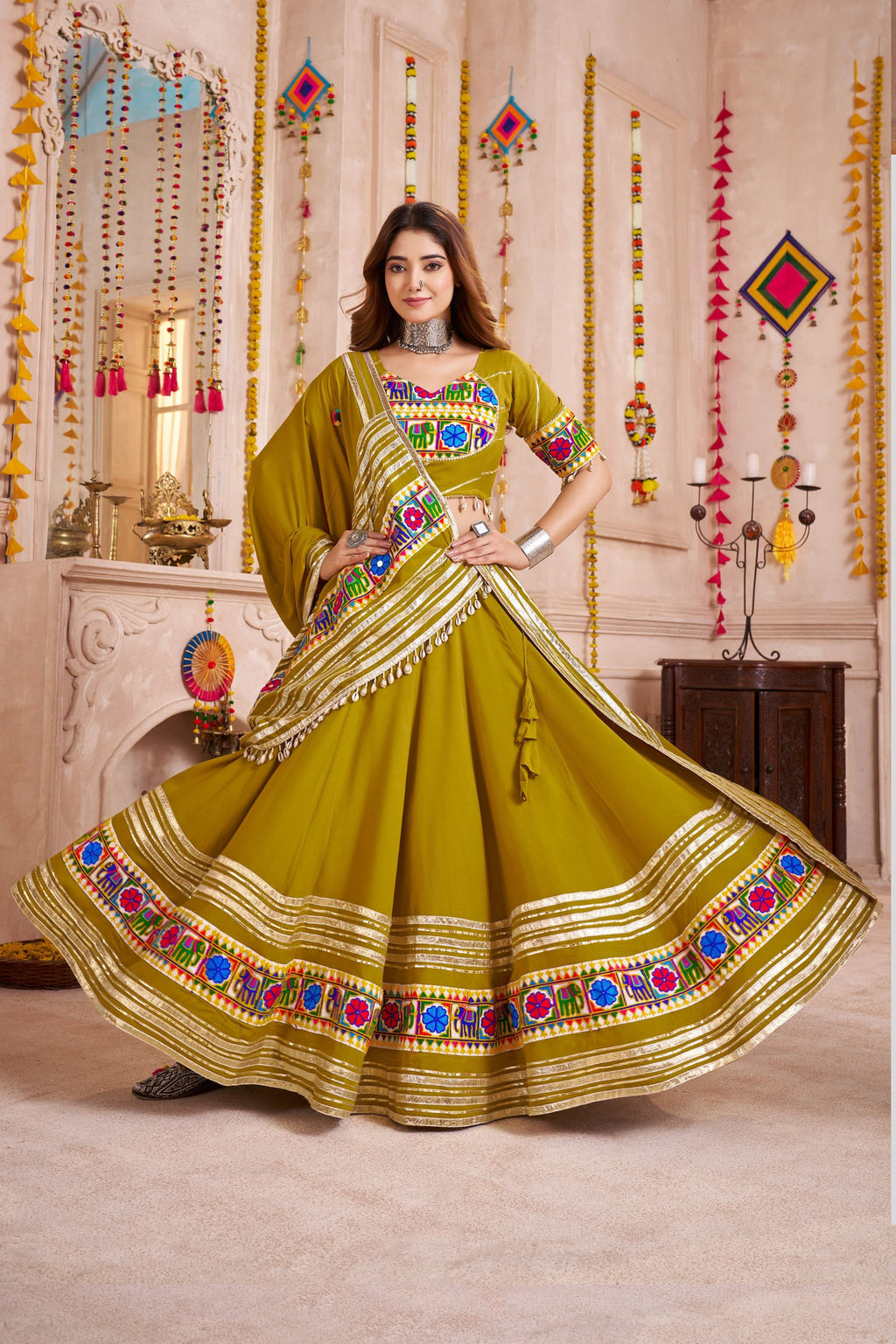 Olive Green Viscose Cotton Navaratri Garba Chaniya Choli For Indian 8 Meter Flair - Real Mirror Work, Thread Embroidery Work