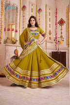 Olive Green Viscose Cotton Navaratri Garba Chaniya Choli For Indian 8 Meter Flair - Real Mirror Work, Thread Embroidery Work