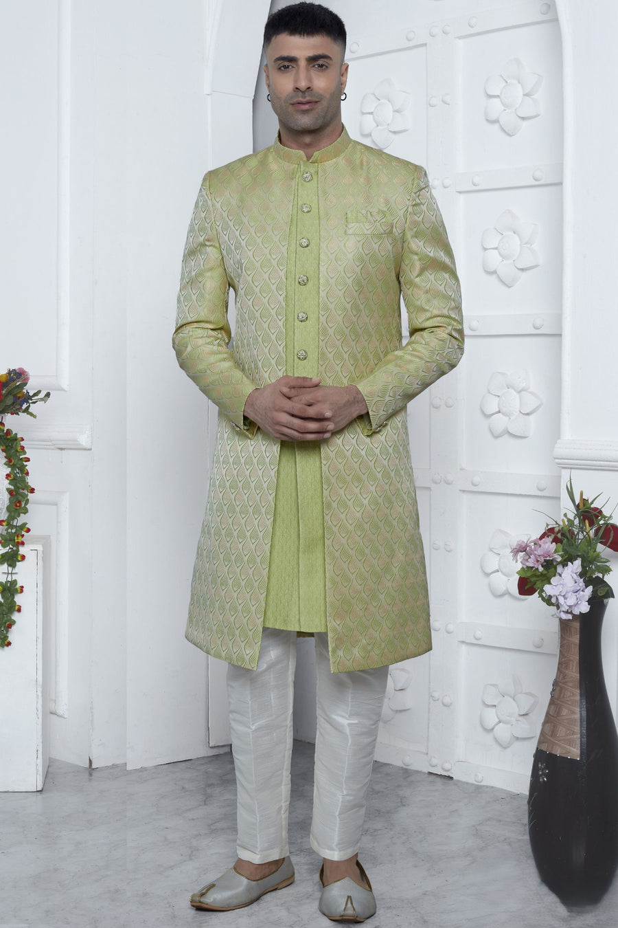 Green Jacquard Silk Indowestern Suit Long Kurta with Jacket & Pant for Men for Wedding - Jacquard Work