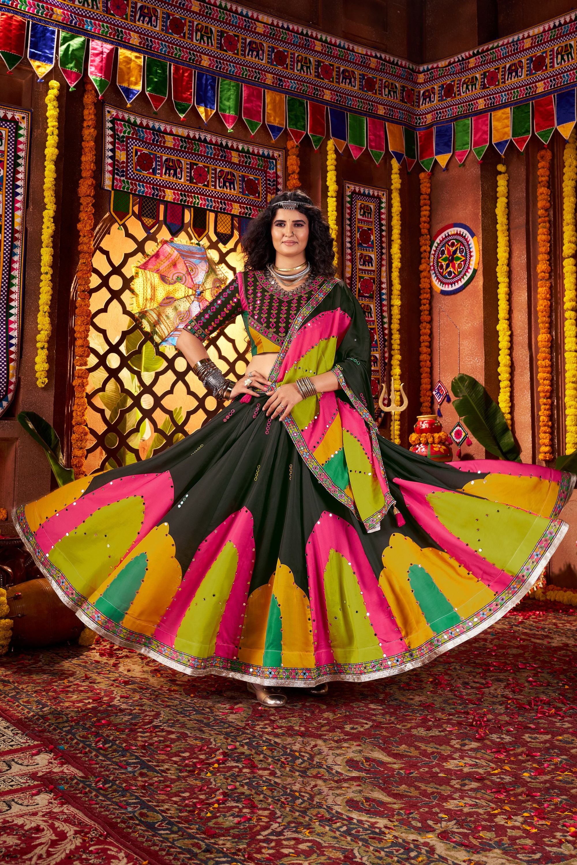 Multicolor Art Silk Indian Navaratri Festival Garba Chaniya Choli Set 9 Meter Flair - Real Mirror Work, Print Work, Thread Embroidery Work