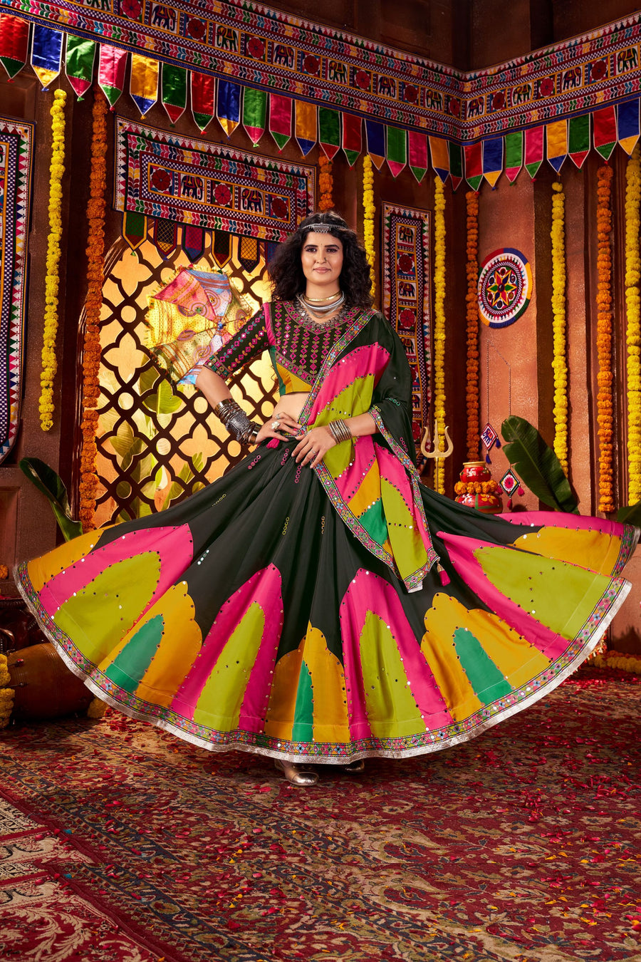 Multicolor Art Silk Indian Navaratri Festival Garba Chaniya Choli Set 9 Meter Flair - Real Mirror Work, Print Work, Thread Embroidery Work