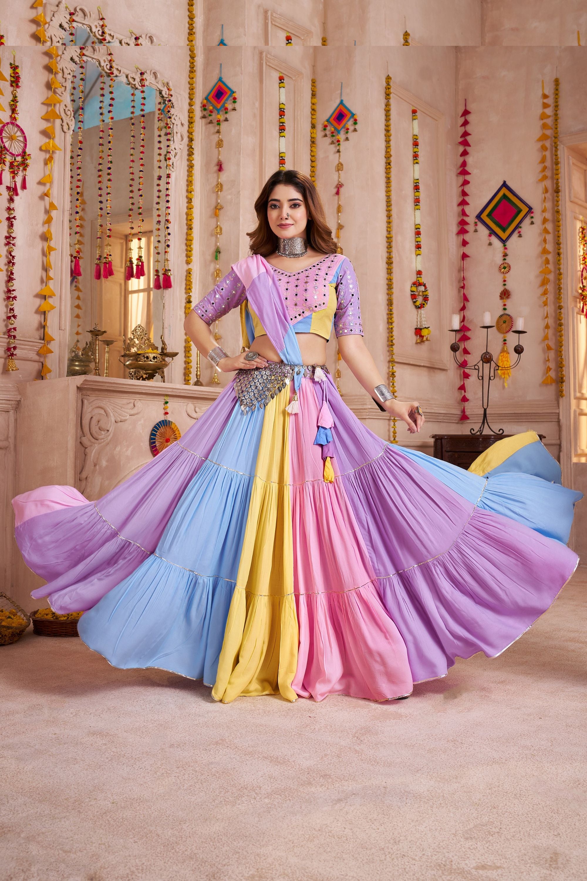 Multicolor Viscose Cotton Indian Navaratri Garba Chaniya Choli 10 Meter Flair - Real Mirror Work, Kutchi Patch Work