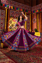 Purple Viscose Cotton Indian Navaratri Festival Garba Chaniya Choli Set 9 Meter Flair - Real Mirror Work, Print Work, Thread Embroidery Work