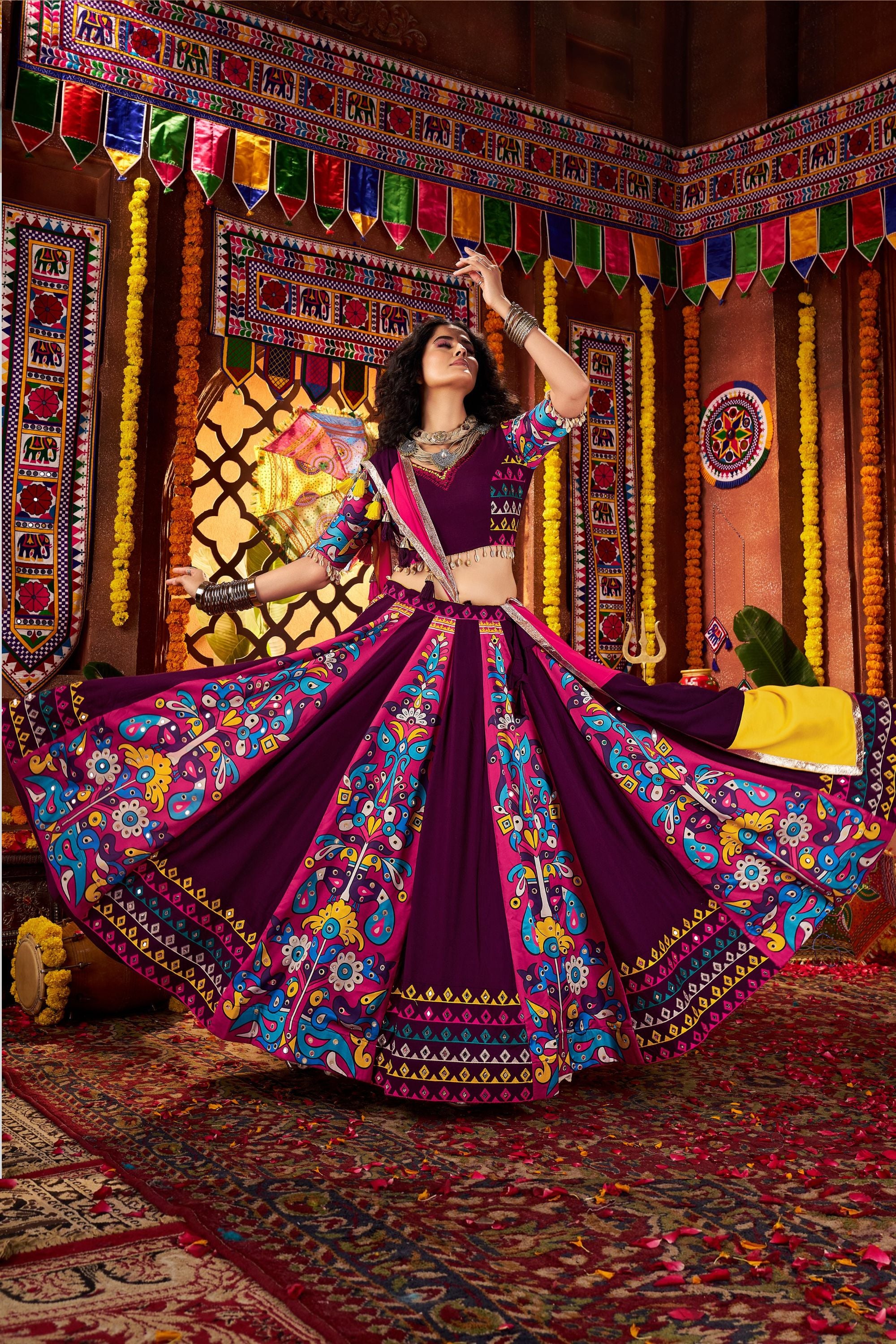 Purple Viscose Cotton Indian Navaratri Festival Garba Chaniya Choli Set 9 Meter Flair - Real Mirror Work, Print Work, Thread Embroidery Work