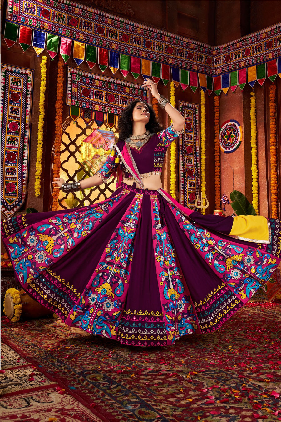 Purple Viscose Cotton Indian Navaratri Festival Garba Chaniya Choli Set 9 Meter Flair - Real Mirror Work, Print Work, Thread Embroidery Work
