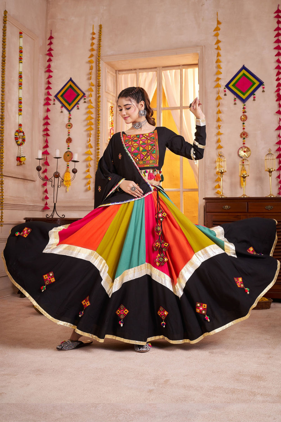 Black Multicolor Viscose Cotton Navratri Chaniya Choli For Indian Garba 10 Meter Flair - Real Mirror Work, Thread Embroidery Work