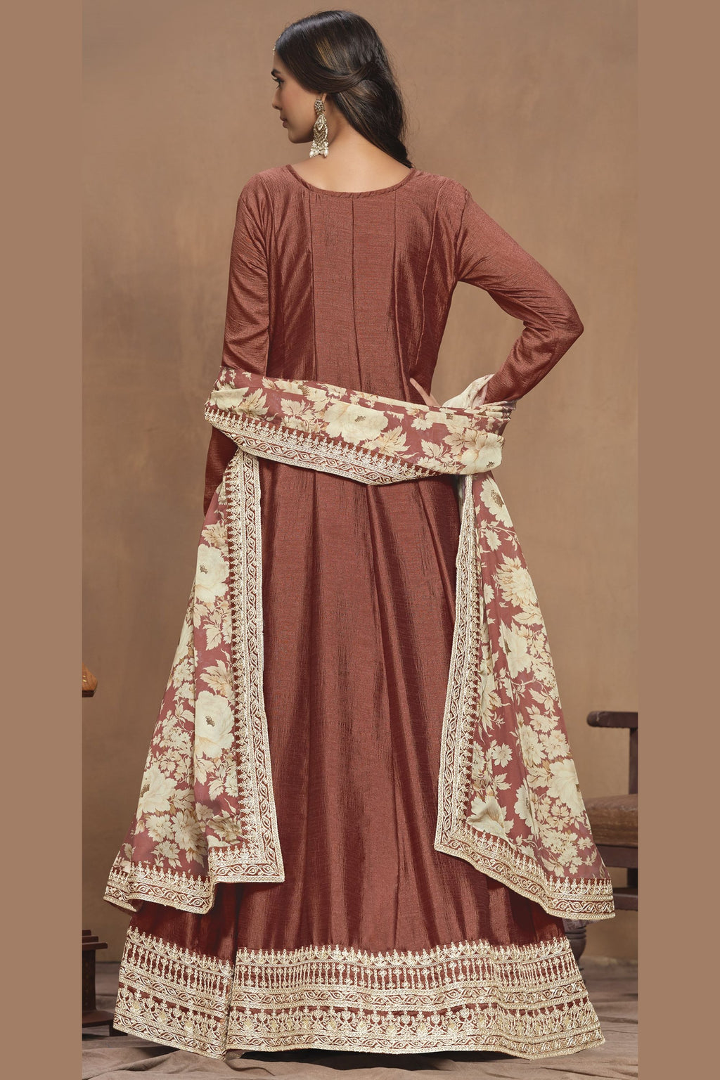 Brown Art Silk Long Anarkali Suit For Indian Festivals & Pakistani Weddings Dress - Embroidery Work