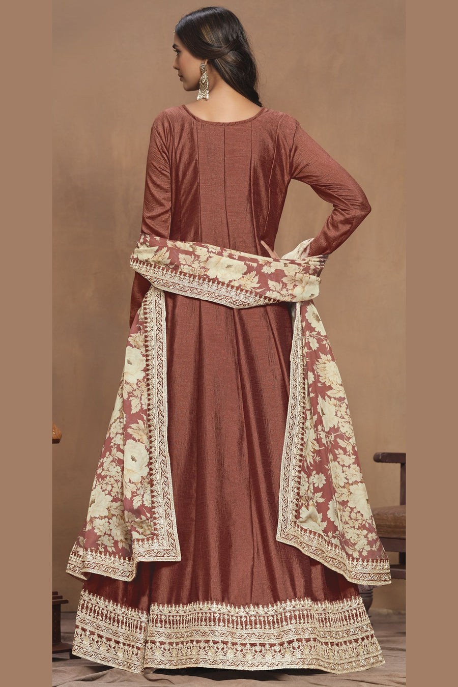 Brown Art Silk Long Anarkali Suit For Indian Festivals & Pakistani Weddings Dress - Embroidery Work