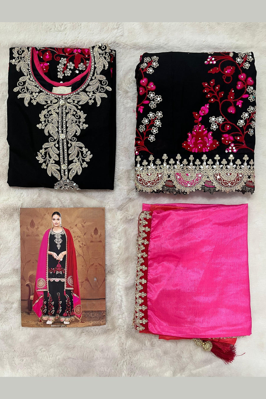 Black Chinon Silk Palazzo Suit For Indian Wedding & Pakistani Festival - Thread Embroidery Work, Sequence Embroidery Work, Real Mirror Work, Print Work