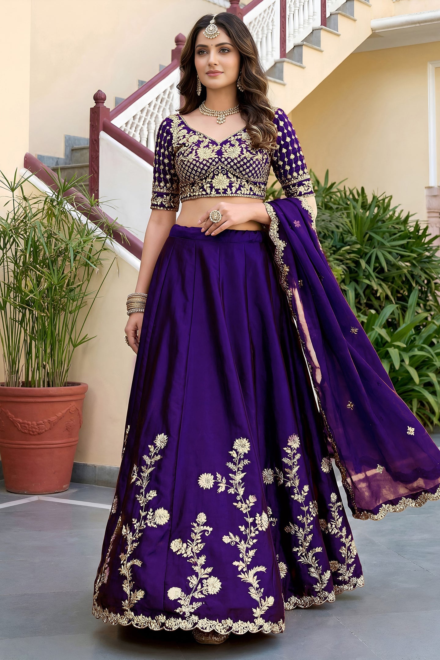 Affair Purple Rangoli Silk Wedding Lengha for Women with Zari and Sequins Work