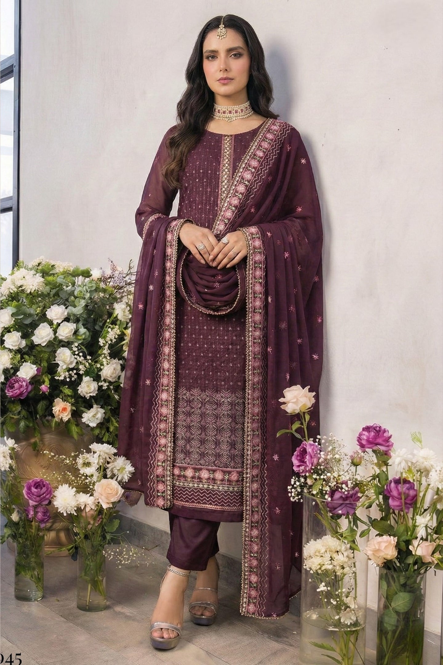 Wine Georgette Kameez With Pant For Indian & Pakistani Wedding Festival - Thread Embroidery Work