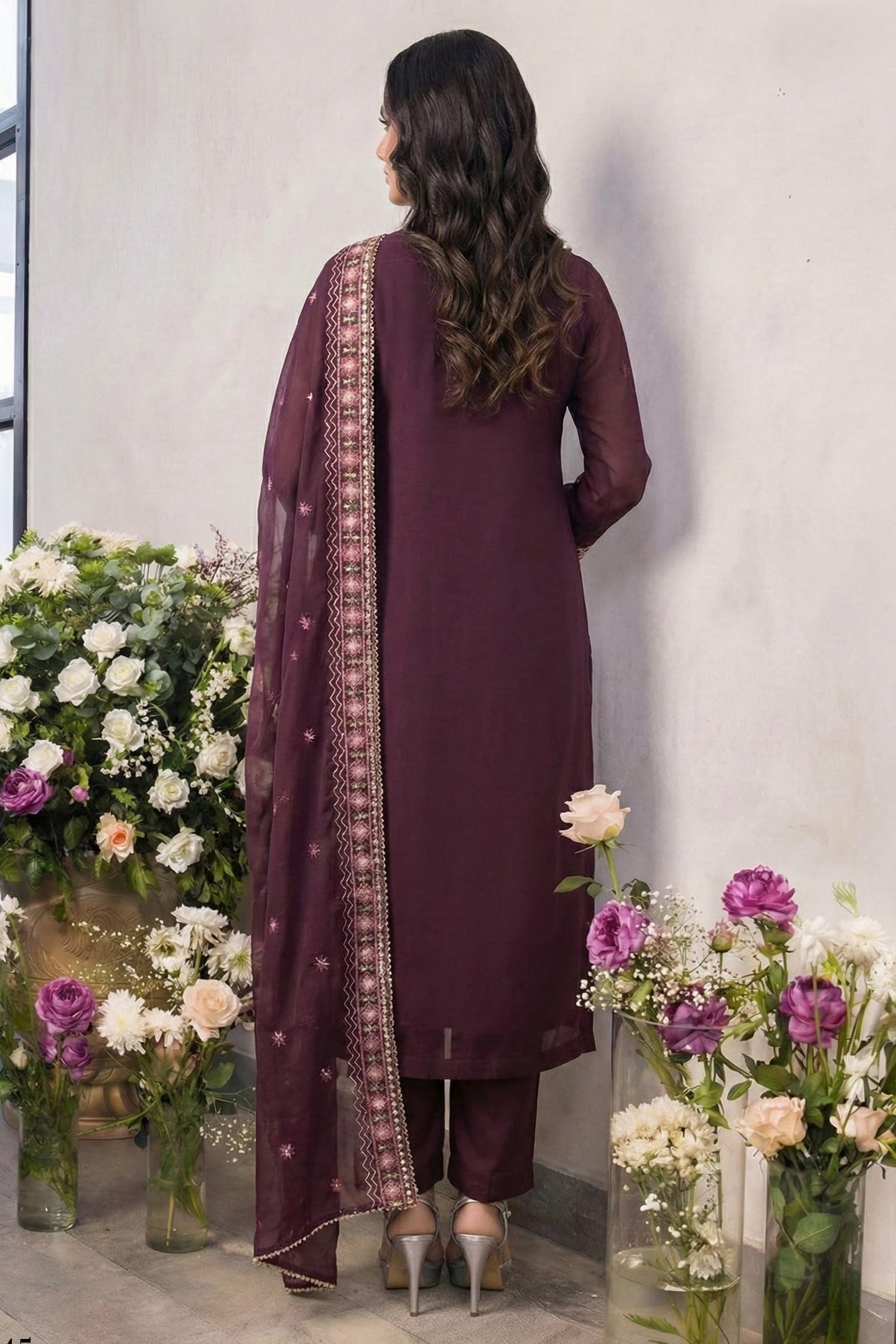 Wine Georgette Kameez With Pant For Indian & Pakistani Wedding Festival - Thread Embroidery Work
