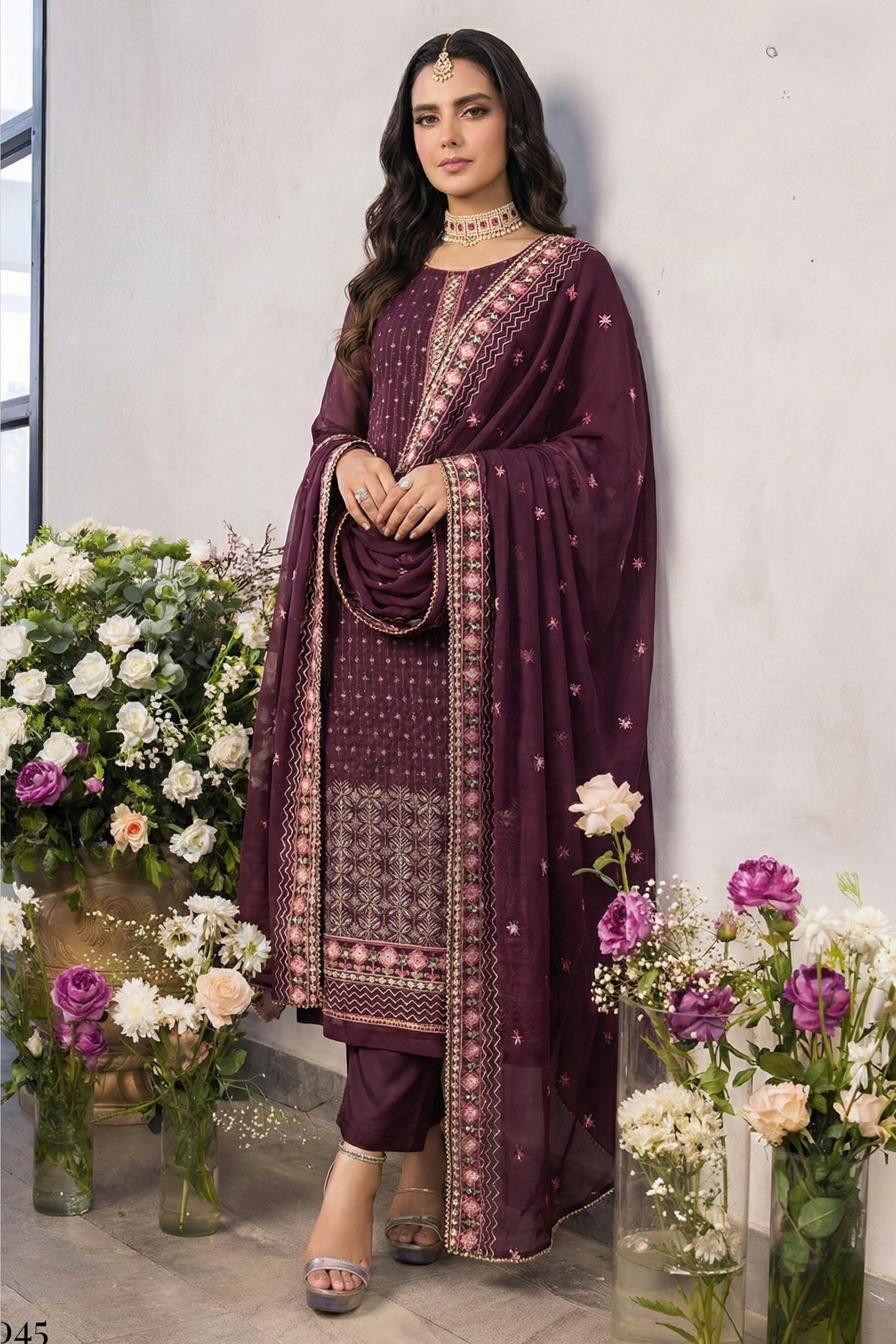 Wine Georgette Kameez With Pant For Indian & Pakistani Wedding Festival - Thread Embroidery Work