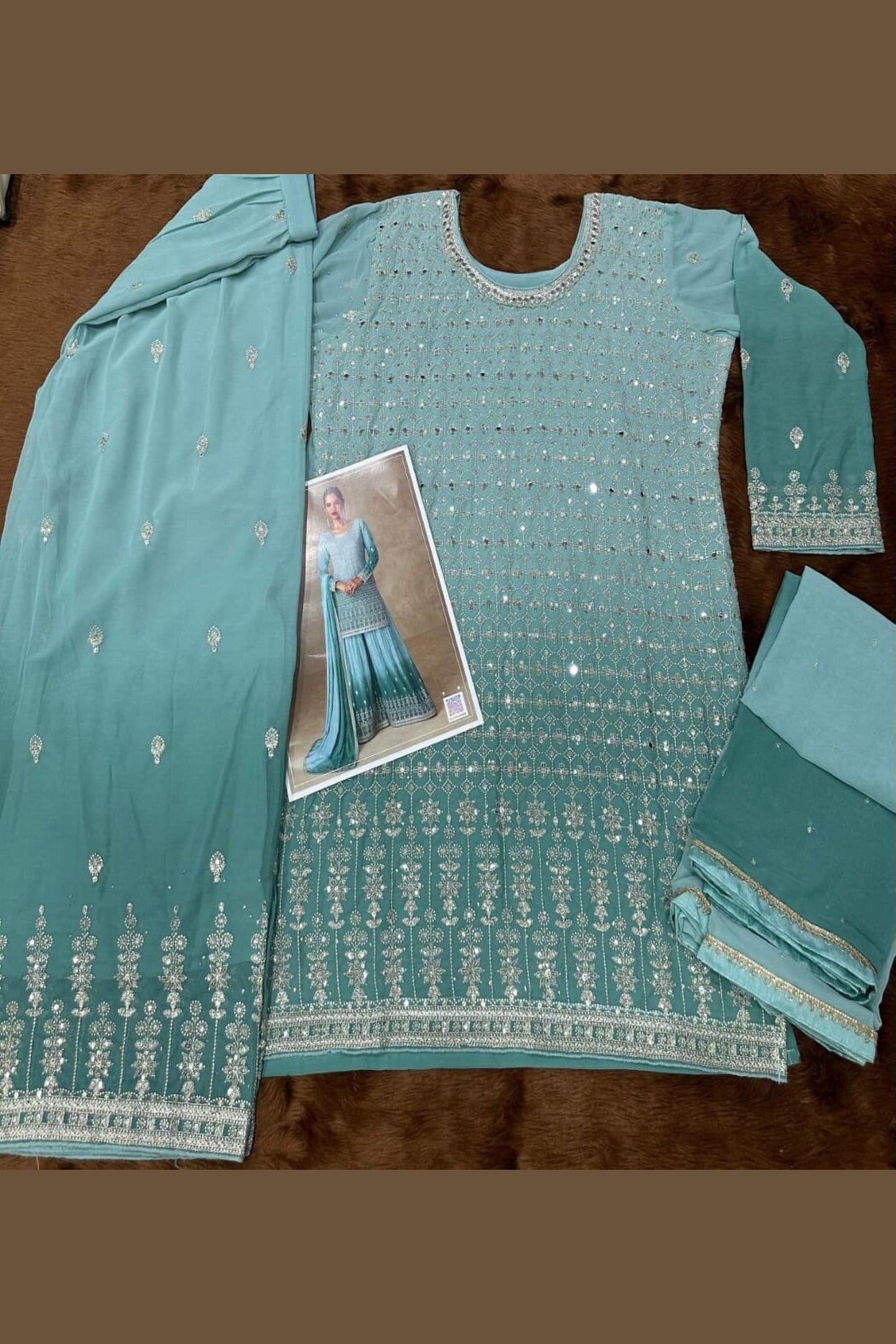 Aqua Blue Georgette Dual Color Palazzo Suit For Indian & Pakistani Wedding Festival - Thread & Sequins Embroidery Work