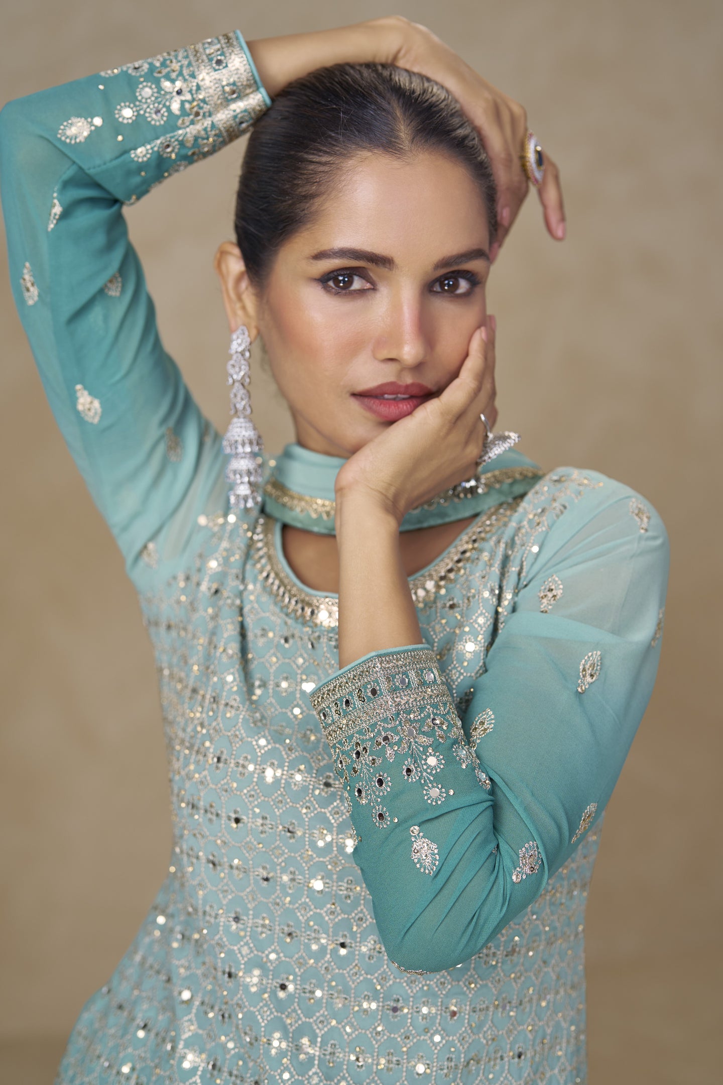 Aqua Blue Georgette Dual Color Palazzo Suit For Indian & Pakistani Wedding Festival - Thread & Sequins Embroidery Work