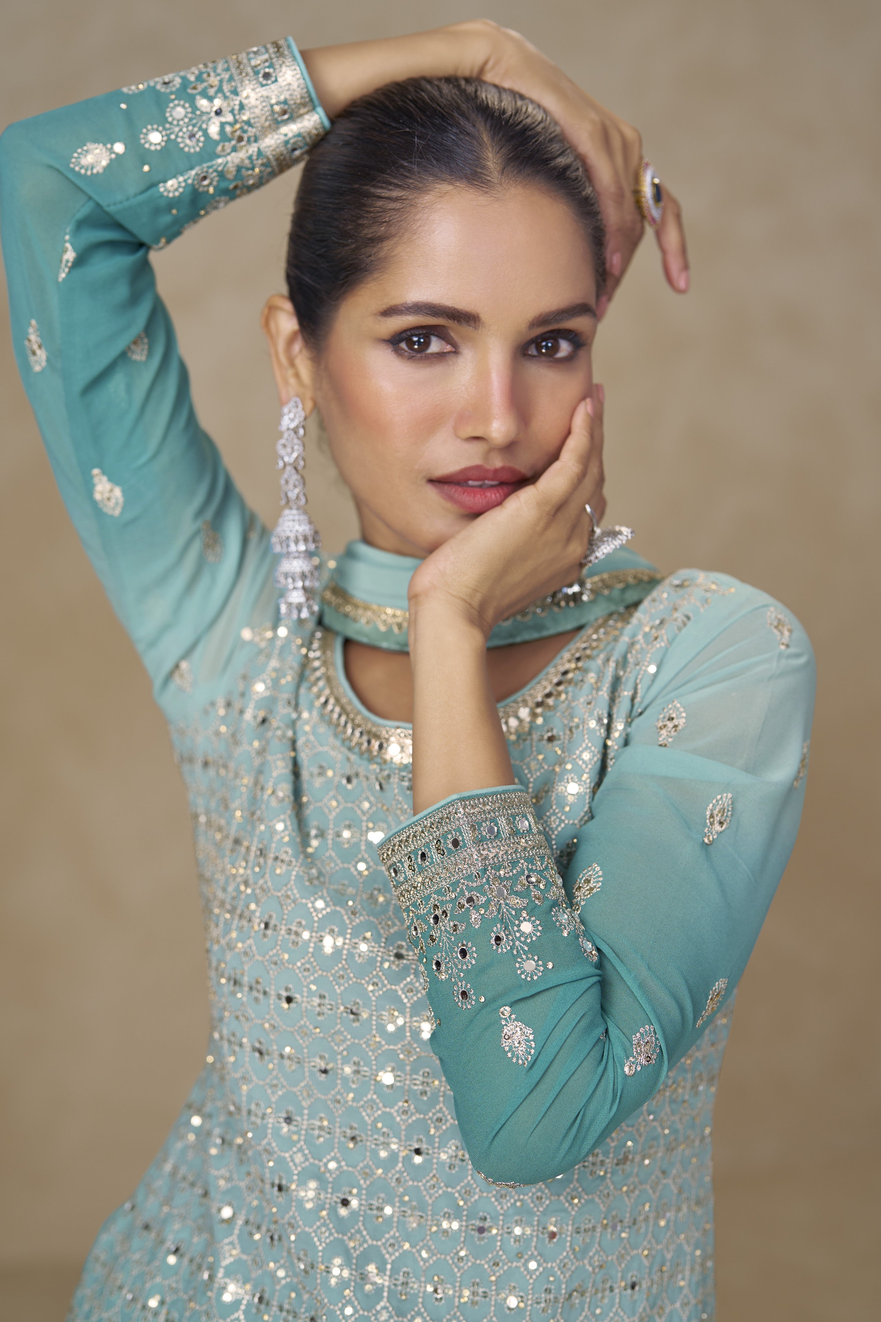 Aqua Blue Georgette Dual Color Palazzo Suit For Indian & Pakistani Wedding Festival - Thread & Sequins Embroidery Work