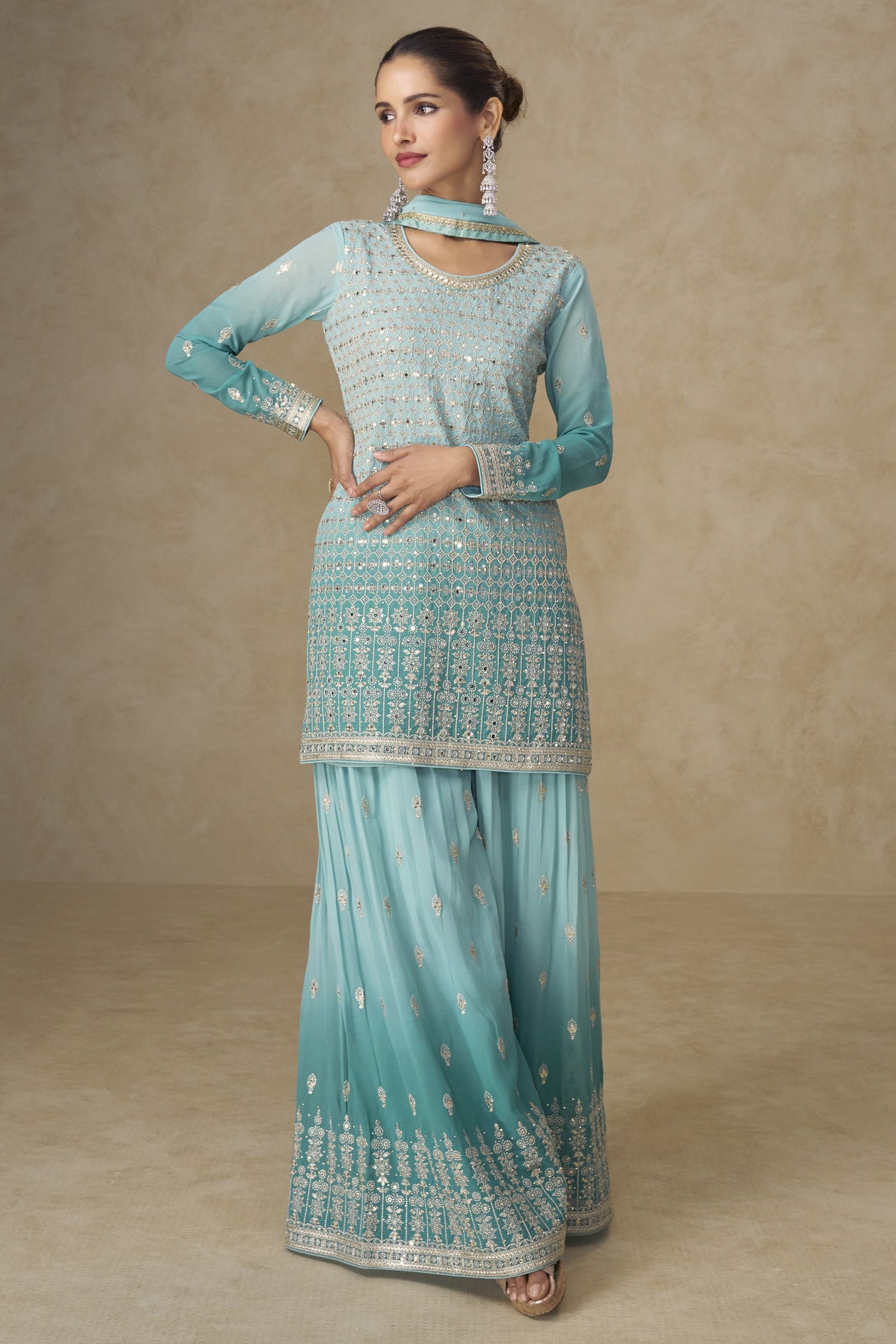 Aqua Blue Georgette Dual Color Palazzo Suit For Indian & Pakistani Wedding Festival - Thread & Sequins Embroidery Work