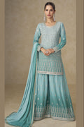Aqua Blue Georgette Dual Color Palazzo Suit For Indian & Pakistani Wedding Festival - Thread & Sequins Embroidery Work