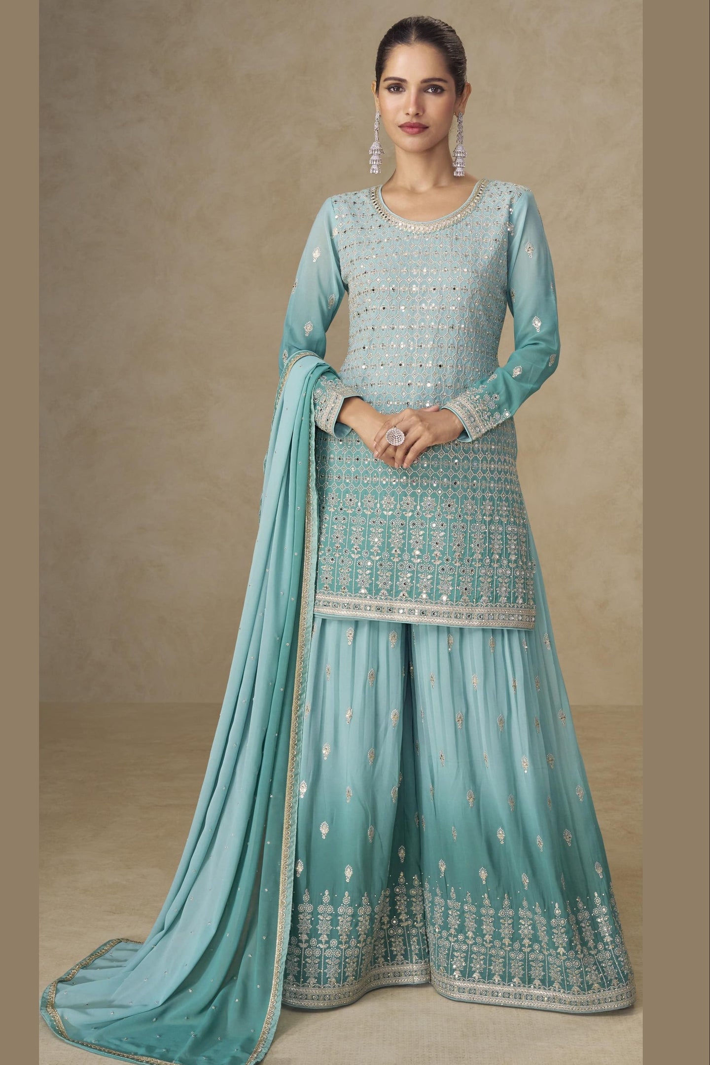 Aqua Blue Georgette Dual Color Palazzo Suit For Indian & Pakistani Wedding Festival - Thread & Sequins Embroidery Work