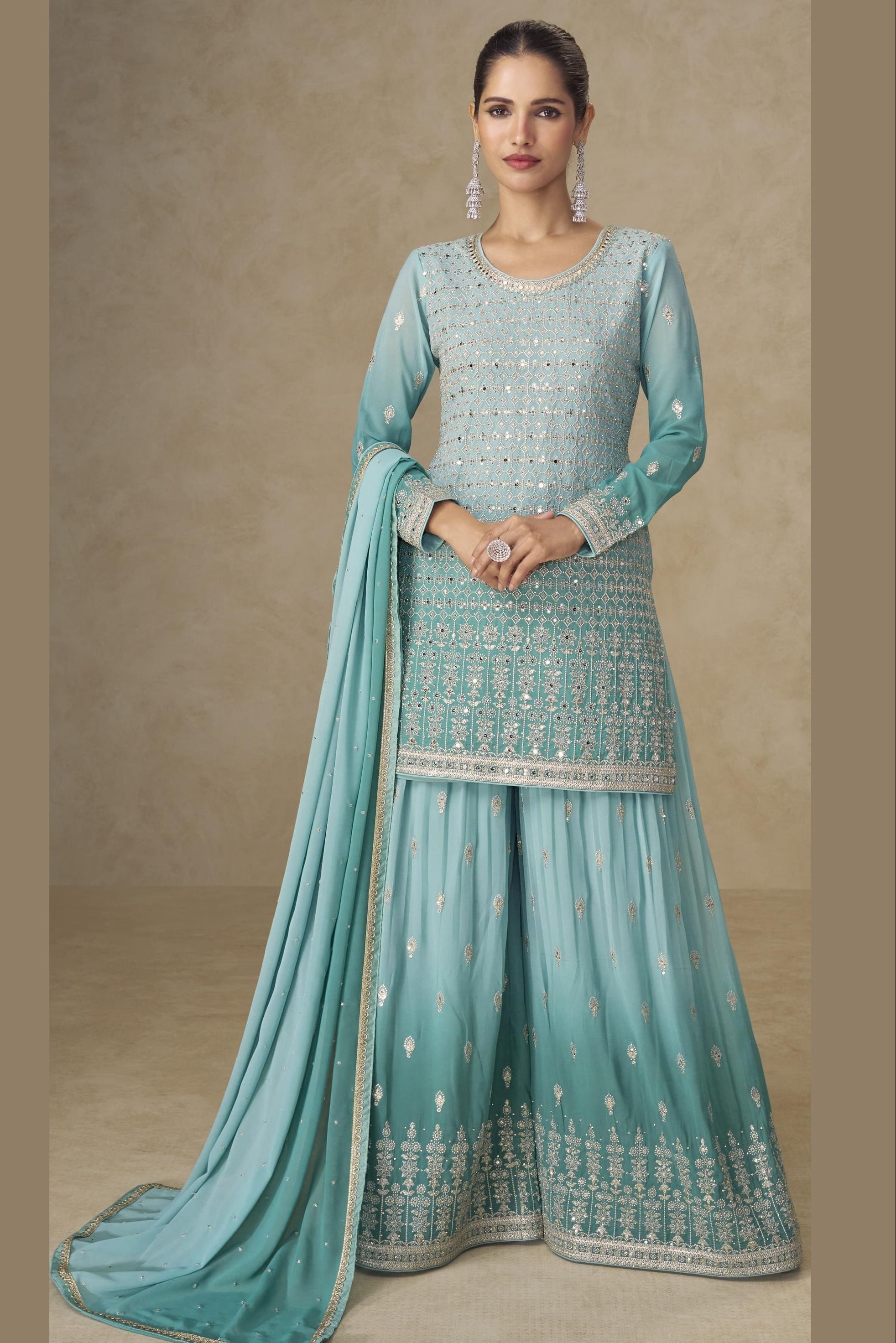 Aqua Blue Georgette Dual Color Palazzo Suit For Indian & Pakistani Wedding Festival - Thread & Sequins Embroidery Work