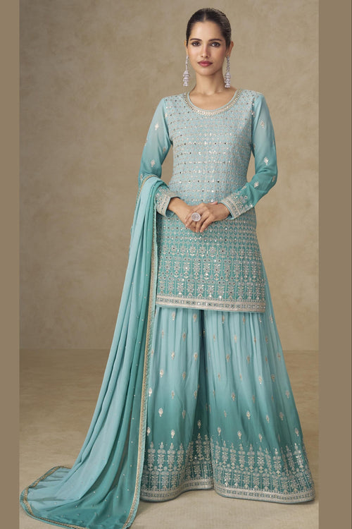Aqua Blue Georgette Dual Color Palazzo Suit For Indian & Pakistani Wedding Festival - Thread & Sequins Embroidery Work