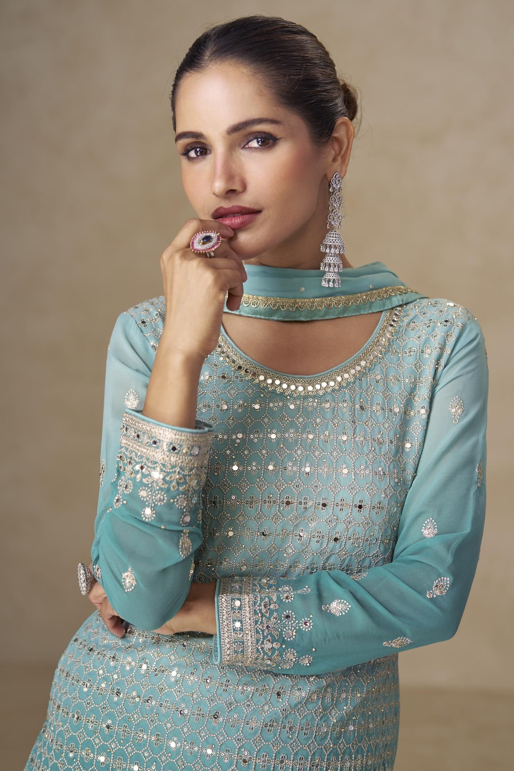 Aqua Blue Georgette Dual Color Palazzo Suit For Indian & Pakistani Wedding Festival - Thread & Sequins Embroidery Work