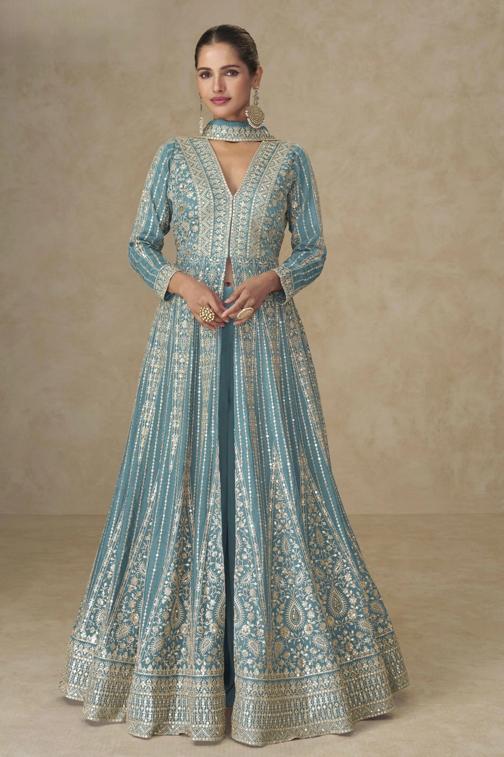 Ocean Blue Chinon Silk Anarkali Suit With Palazzo For Indian & Pakistani Wedding Festival - Sequins & Thread Embroidery Work