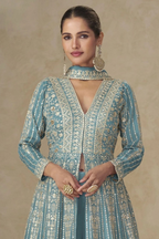 Ocean Blue Chinon Silk Anarkali Suit With Palazzo For Indian & Pakistani Wedding Festival - Sequins & Thread Embroidery Work