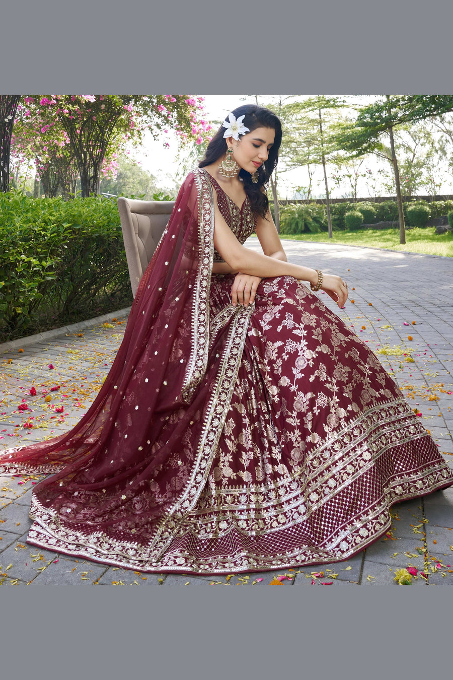 Maroon Jacquard Silk Lehenga Choli For Indian & Pakistani Wedding Festival - Sequence Embroidery Work, Zari Work