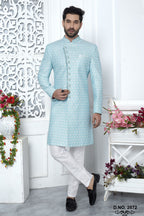 Baby Blue Art Silk Men's Wedding Reception Outfit with Embroidery