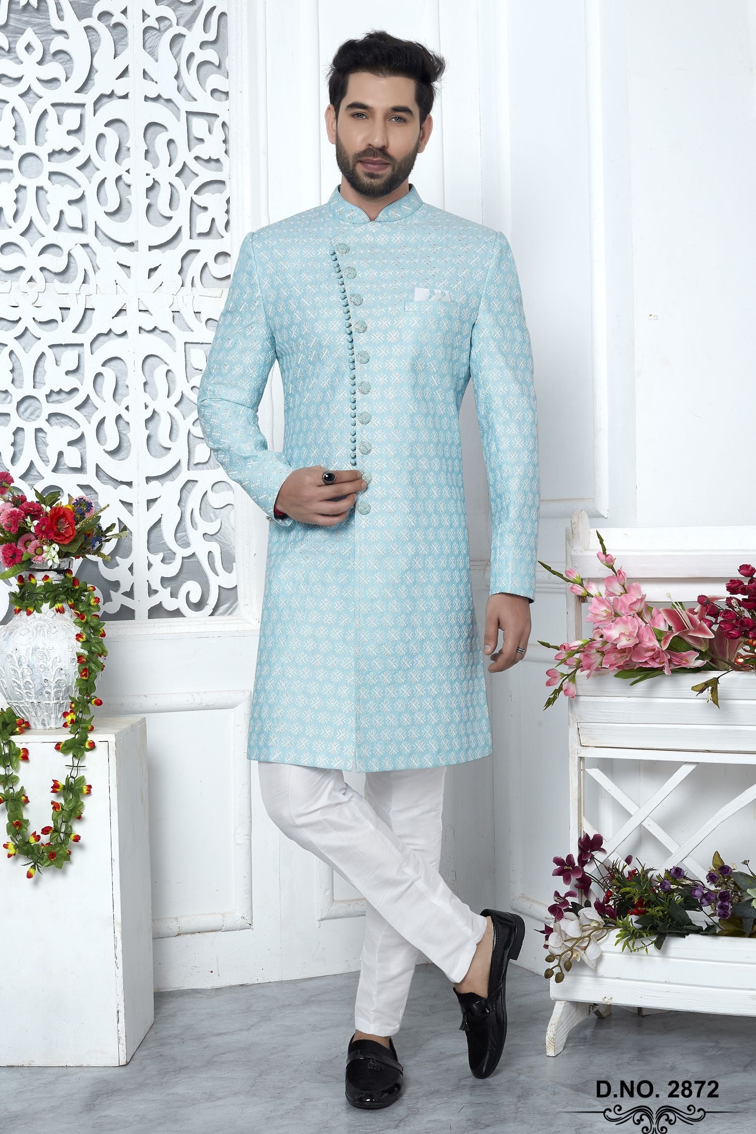 Baby Blue Art Silk Men's Wedding Reception Outfit with Embroidery