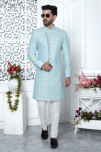Baby Blue Art Silk Men's Wedding Reception Outfit with Embroidery