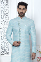 Baby Blue Art Silk Men's Wedding Reception Outfit with Embroidery