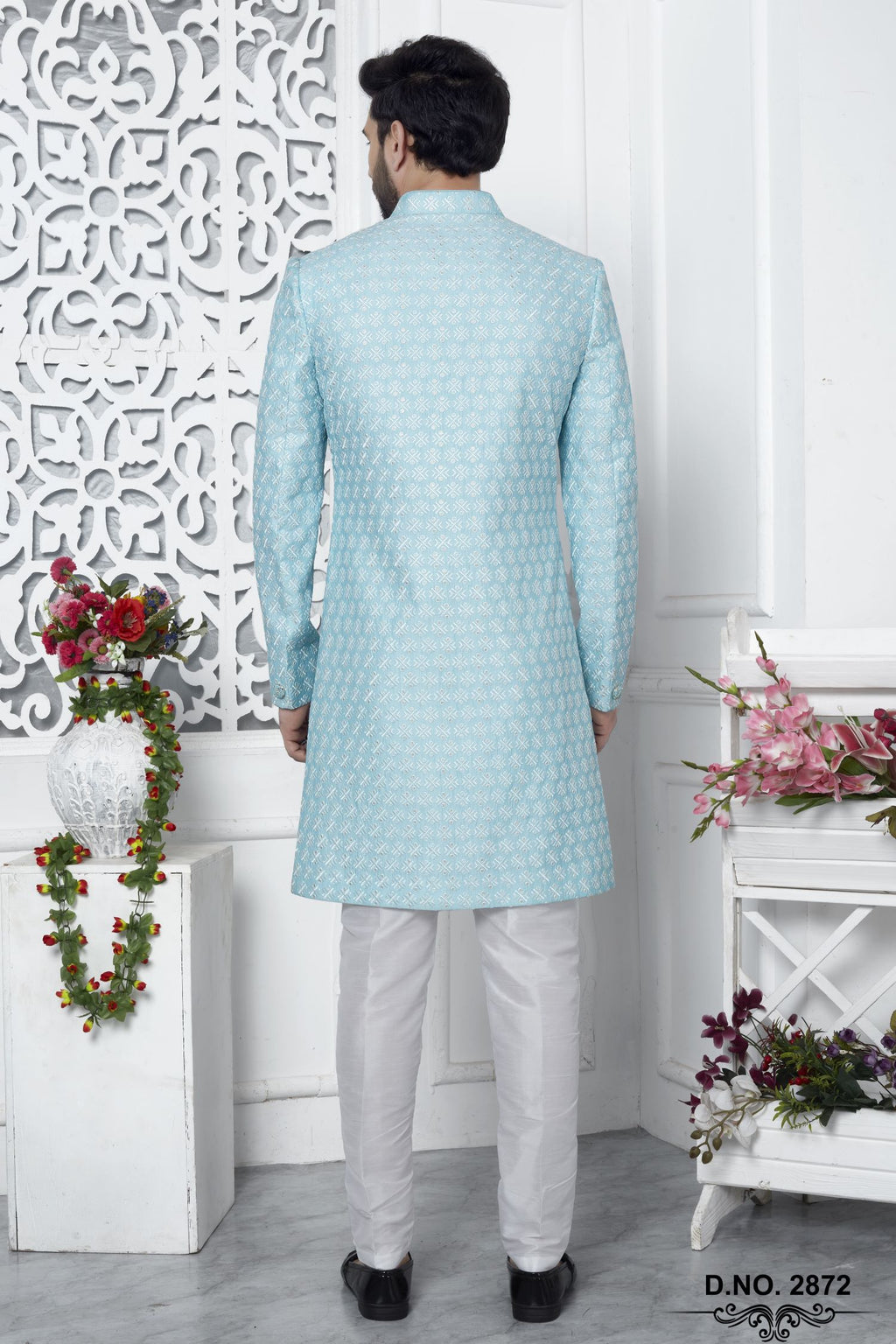 Baby Blue Art Silk Men's Wedding Reception Outfit with Embroidery
