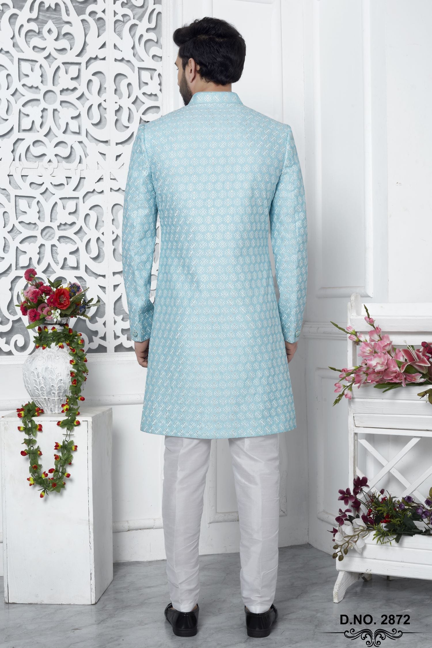 Baby Blue Art Silk Men's Wedding Reception Outfit with Embroidery