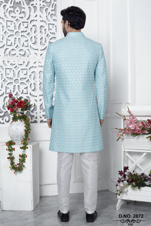 Baby Blue Art Silk Men's Wedding Reception Outfit with Embroidery