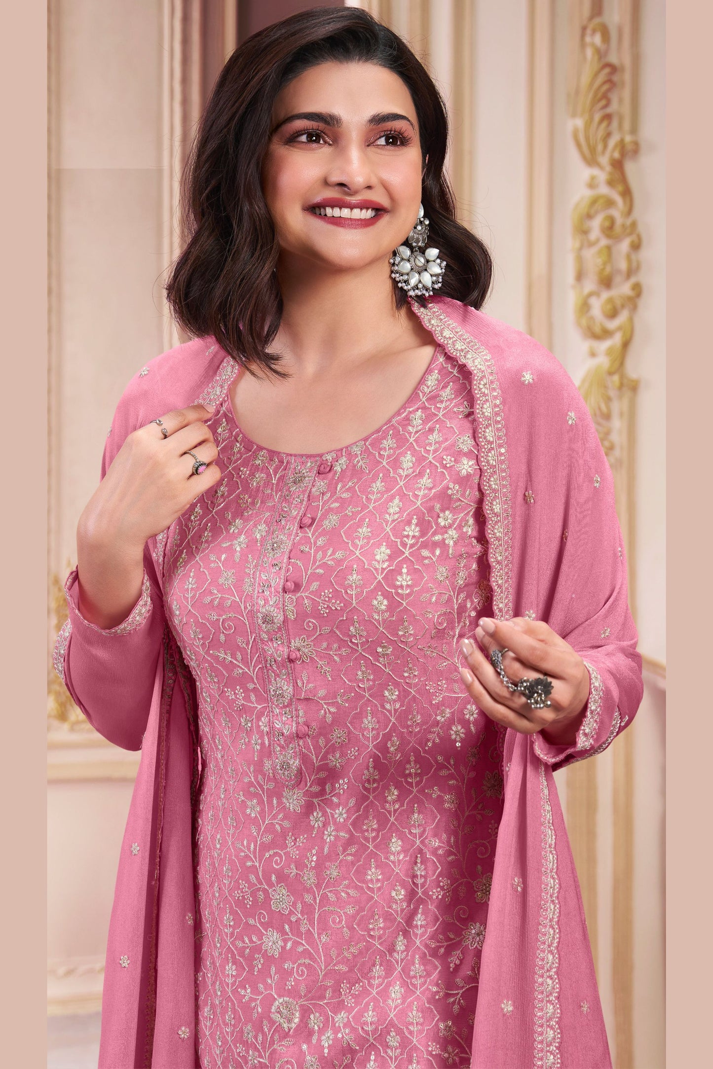 Baby Pink Chinon Silk Kameez with Pant And Dupatta For Indian Suit Festivals & Pakistani Weddings - Embroidery Work