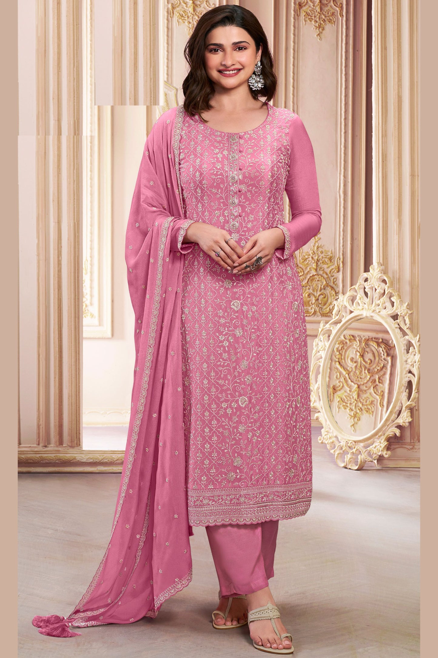 Baby Pink Chinon Silk Kameez with Pant And Dupatta For Indian Suit Festivals & Pakistani Weddings - Embroidery Work