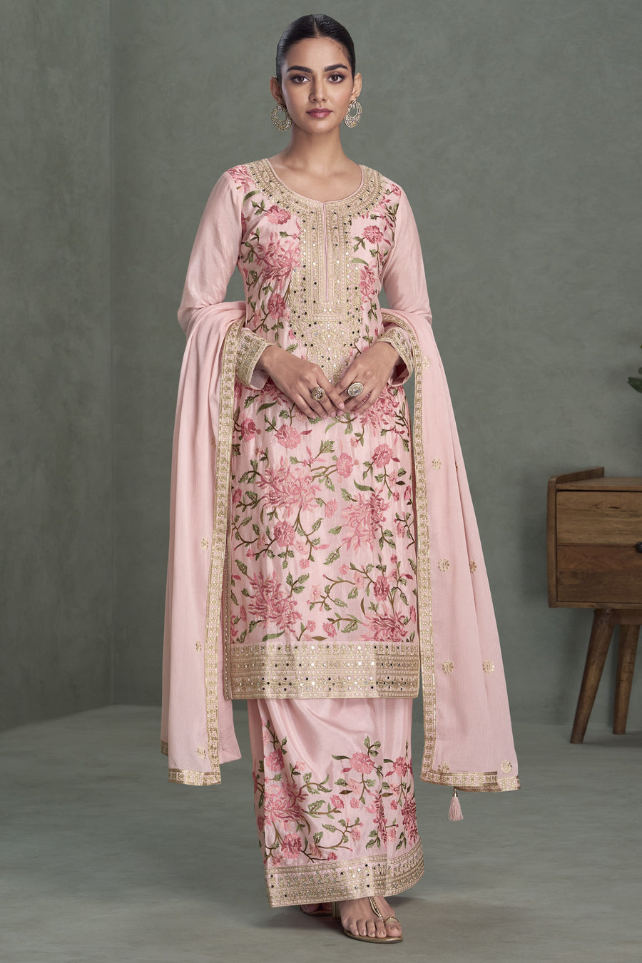 Light Baby Pink Chinon Silk Palazzo Suit For Indian Wedding & Pakistani Festival - Embroidery Work