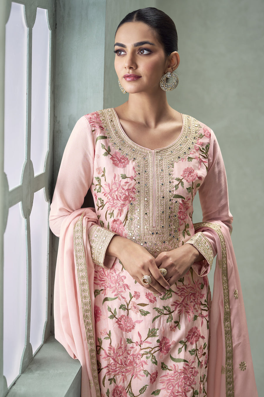 Light Baby Pink Chinon Silk Palazzo Suit For Indian Wedding & Pakistani Festival - Embroidery Work