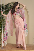 Baby Pink Chinon Silk Plazo Choli With Shrug For Indian & Pakistani Wedding Festival - Thread & Sequins Embroidery Work, Print Work