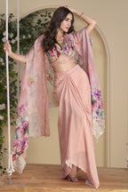 Baby Pink Chinon Silk Plazo Choli With Shrug For Indian & Pakistani Wedding Festival - Thread & Sequins Embroidery Work, Print Work