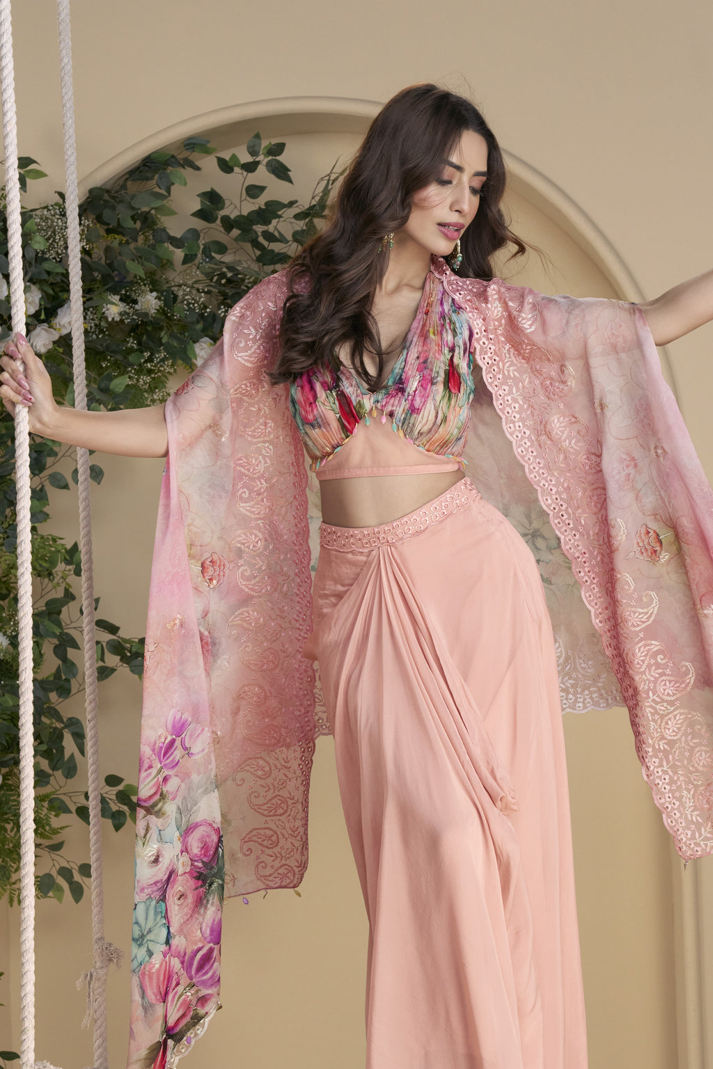 Baby Pink Chinon Silk Plazo Choli With Shrug For Indian & Pakistani Wedding Festival - Thread & Sequins Embroidery Work, Print Work