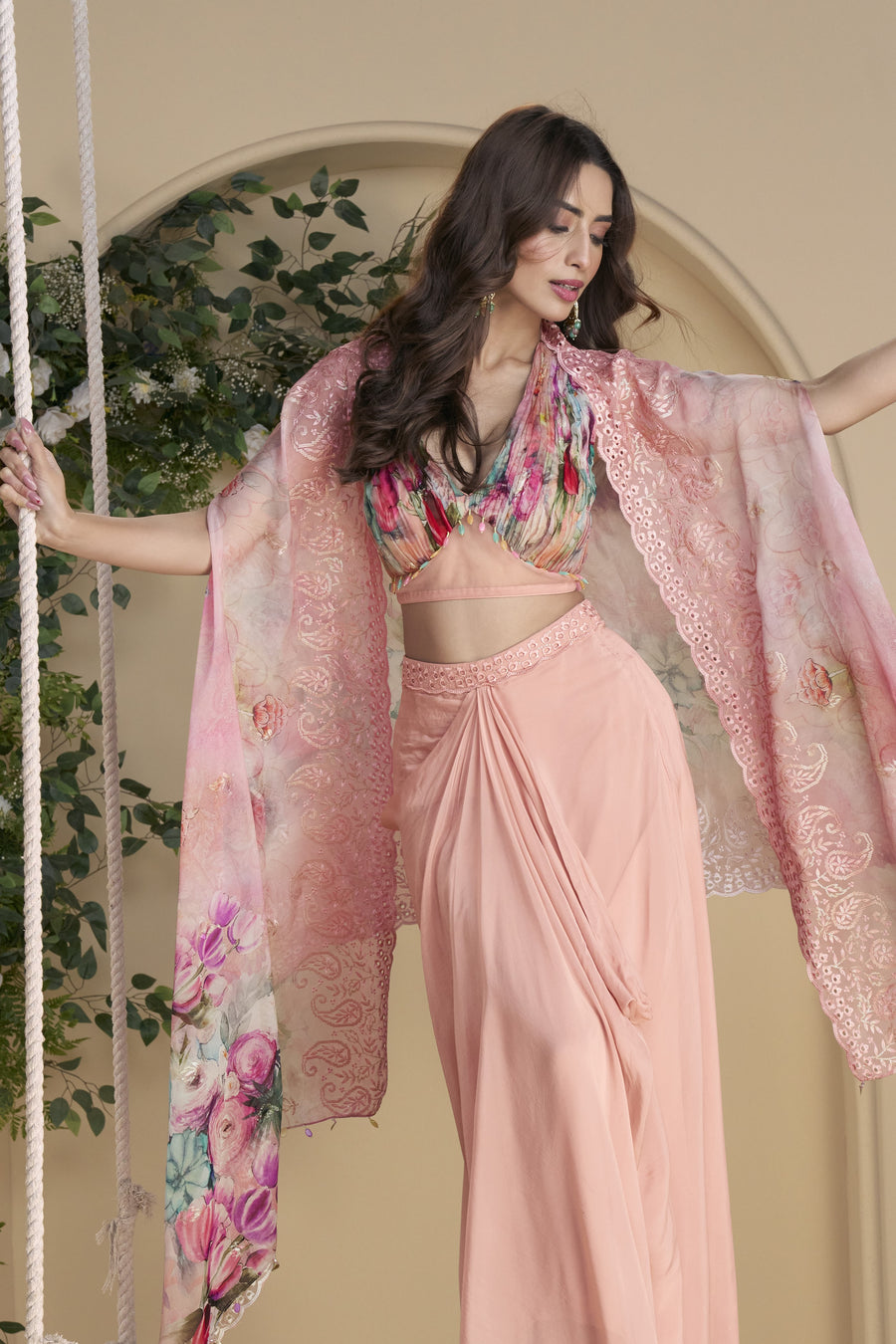 Baby Pink Chinon Silk Plazo Choli With Shrug For Indian & Pakistani Wedding Festival - Thread & Sequins Embroidery Work, Print Work