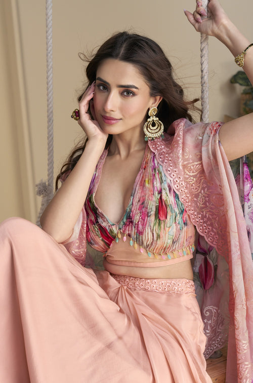 Baby Pink Chinon Silk Plazo Choli With Shrug For Indian & Pakistani Wedding Festival - Thread & Sequins Embroidery Work, Print Work