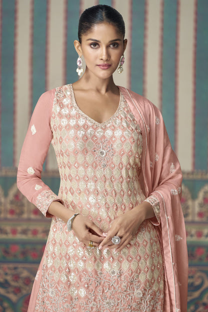 Baby Pink Chinon Silk Plazo Suits for Indian Festival & Pakistani Wedding - Embroidery Work