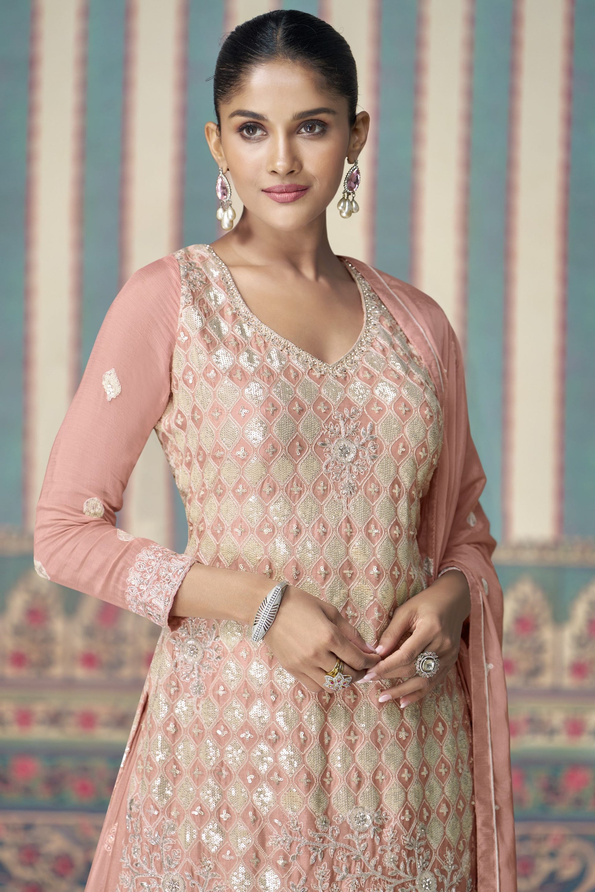 Baby Pink Chinon Silk Plazo Suits for Indian Festival & Pakistani Wedding - Embroidery Work