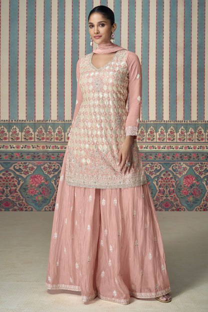 Baby Pink Chinon Silk Plazo Suits for Indian Festival & Pakistani Wedding - Embroidery Work