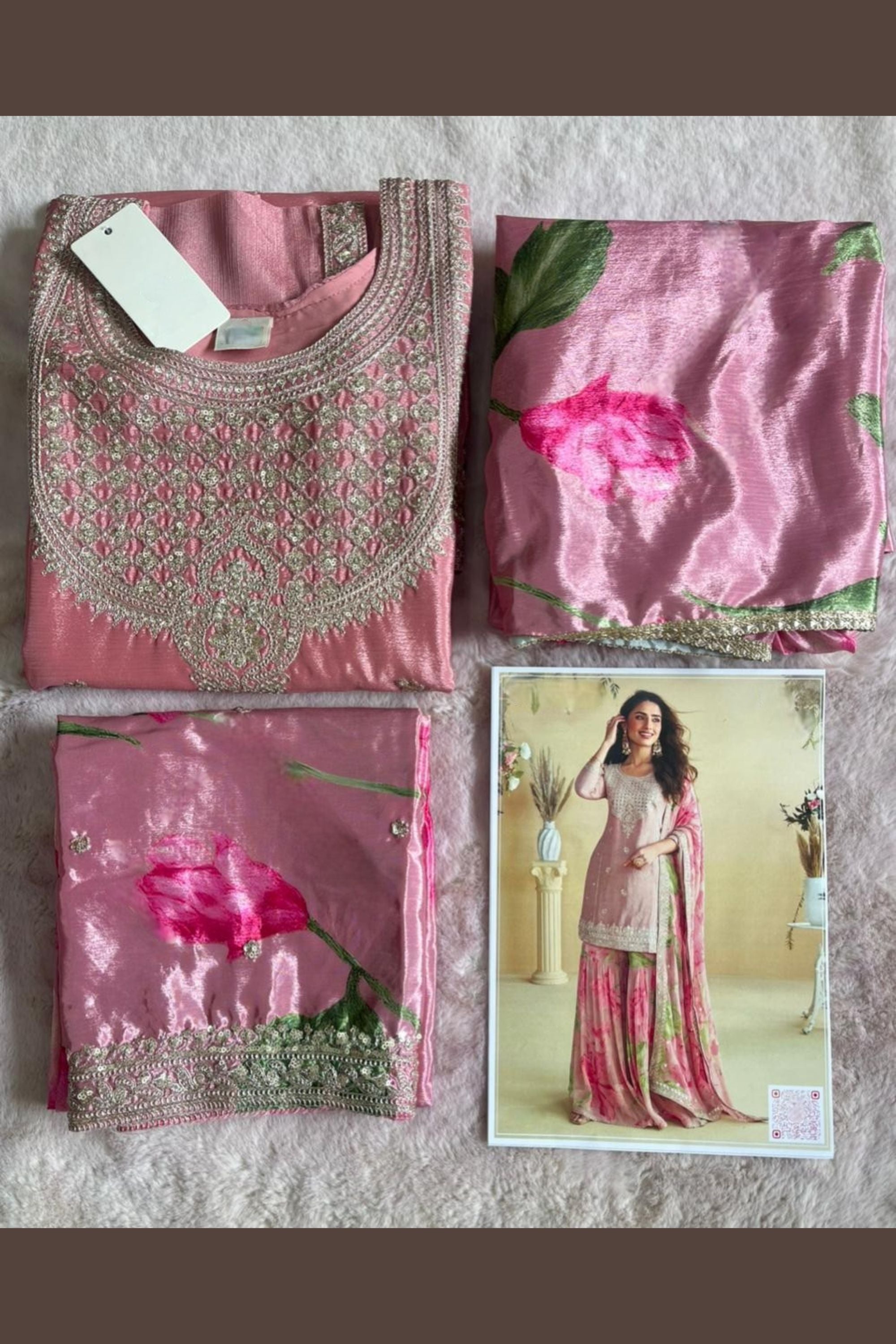 Baby Pink Chinon Silk Sharara Suit For Indian & Pakistani Wedding Festival - Thread & Sequins Embroidery Work, Print Work